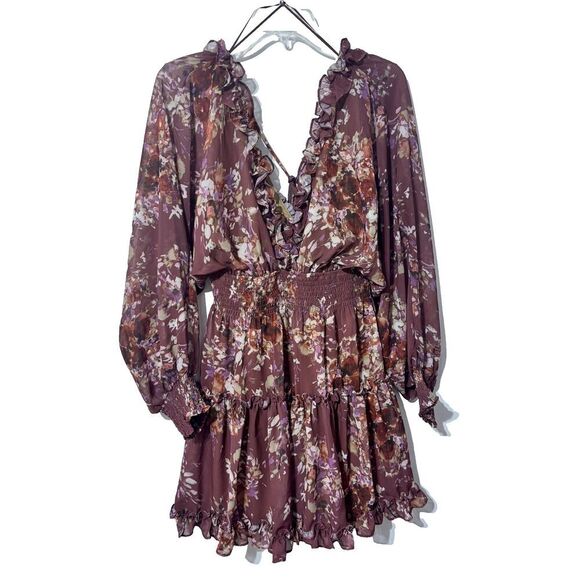 Anna Cai New York Womens Brown Smocked Ruffle Boho Fit & Flare Dress Size Medium - Picture 2 of 8